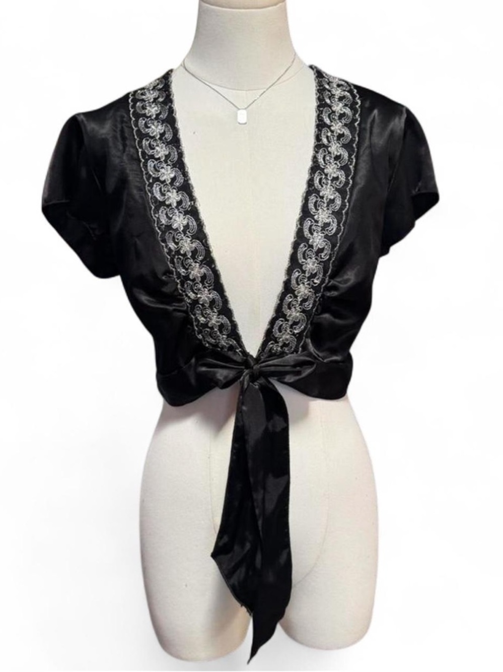 vintage y2k black satin tie blouse with silver handmade french lace embroidery